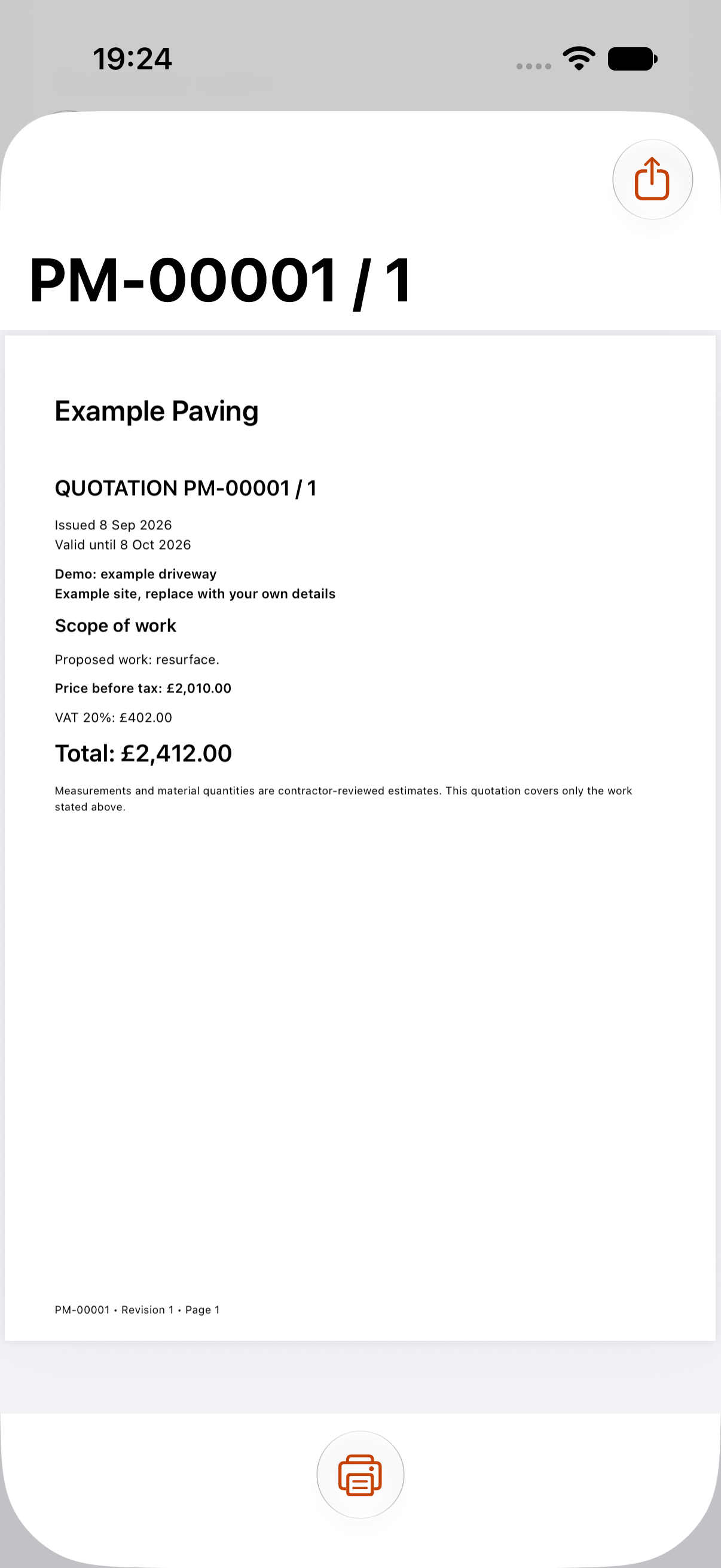 Actual Pave Measure simulator capture showing a reviewed example PDF quote for £2,412