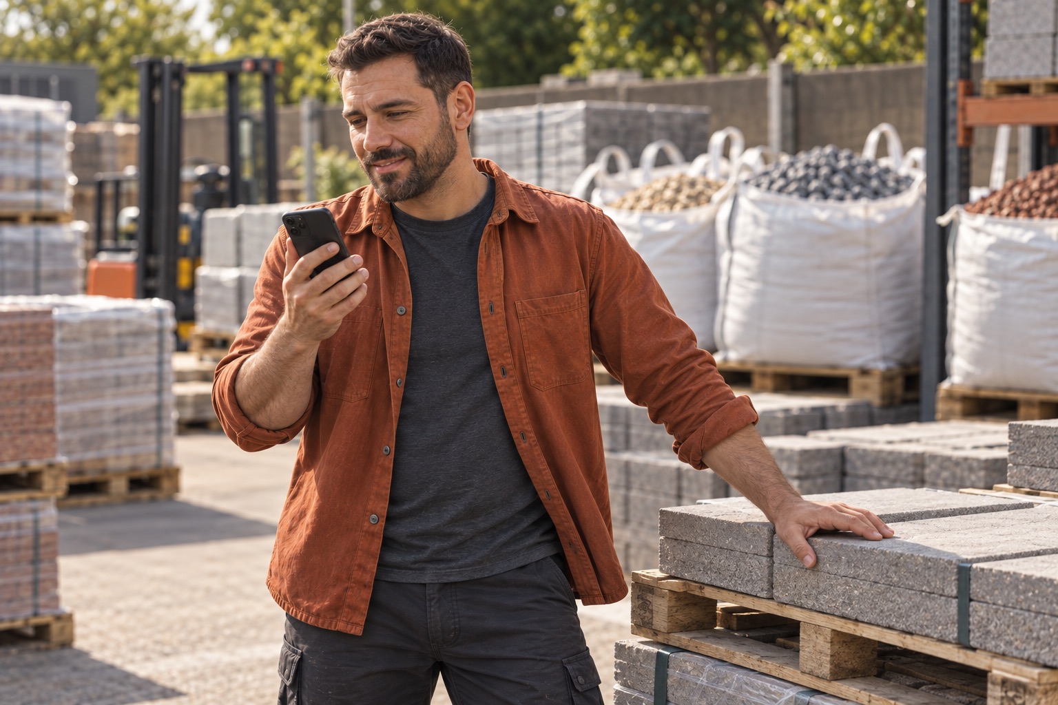 Contractor checking his phone beside paving materials at a supplier yard