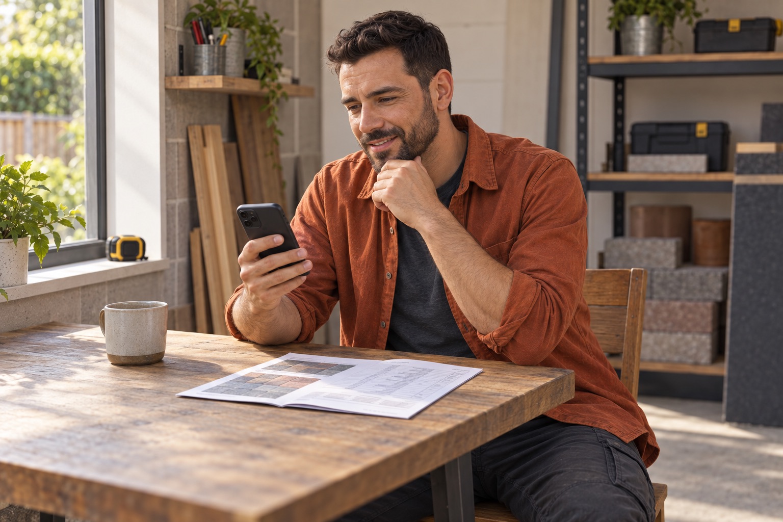 Contractor reviewing costs on his iPhone at a tidy workshop desk