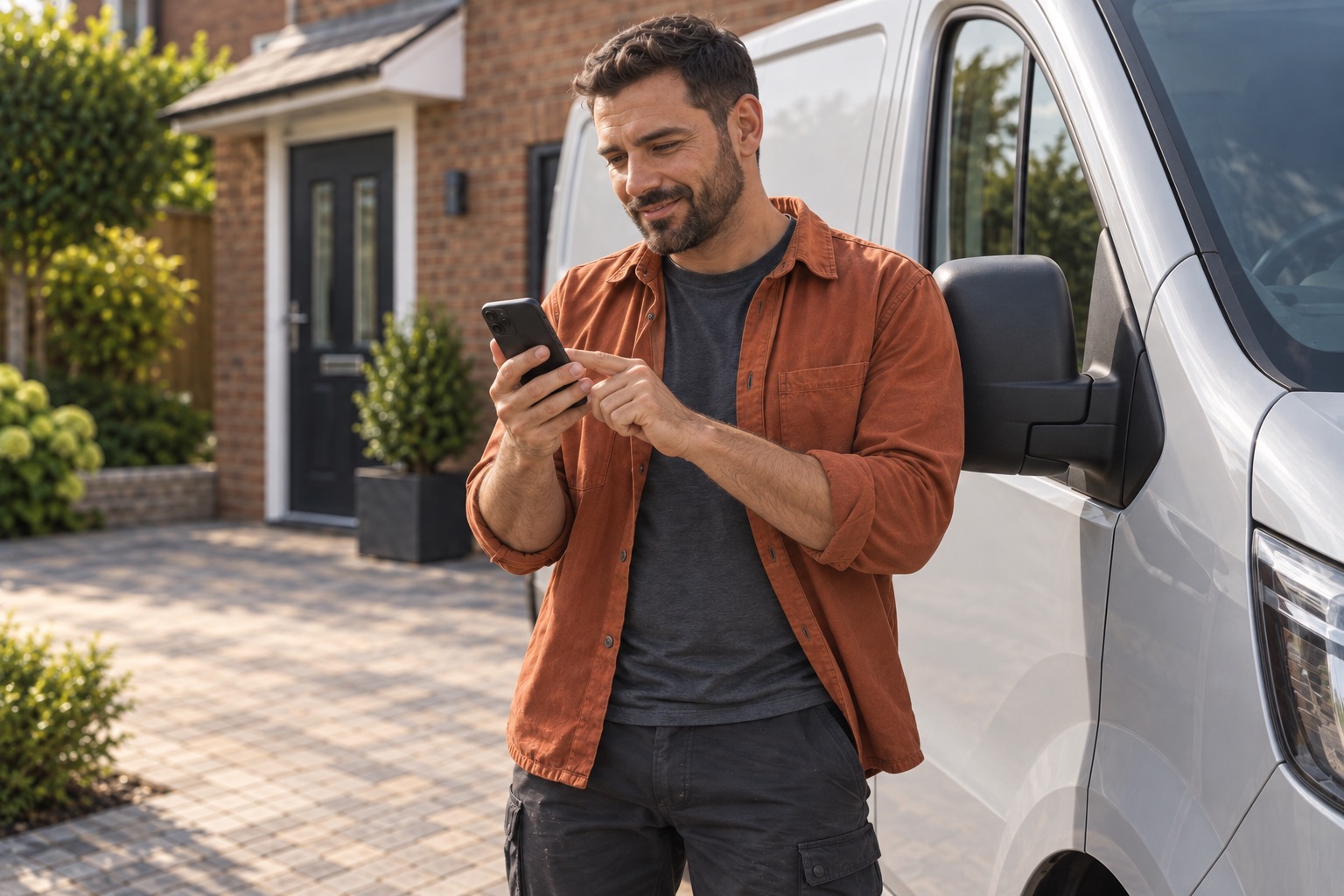 Contractor tapping his iPhone beside his work van