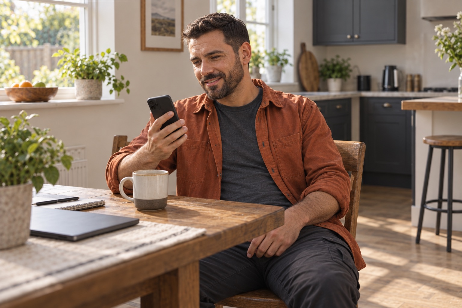 Contractor comfortably reviewing his phone at home